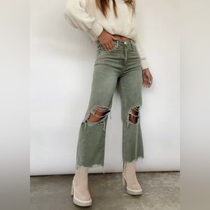 Vervet Cropped Flare Distressed Army Green Pants
